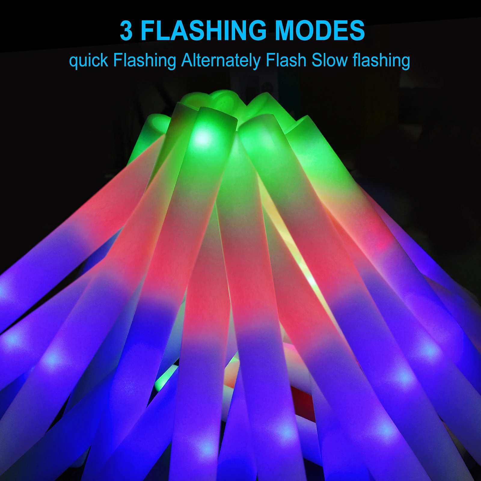 100 CUSTOM LED Foam Glow Sticks 16 Inch 3 Modes Multi-color, Light