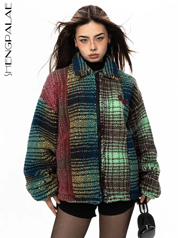 

SHENGPALAE Women's Colorful Plaid Lamb Wool Cotton Padded Coat Fashion Contrast Color Vintage Loose Thicken Down Jacket 5R6816