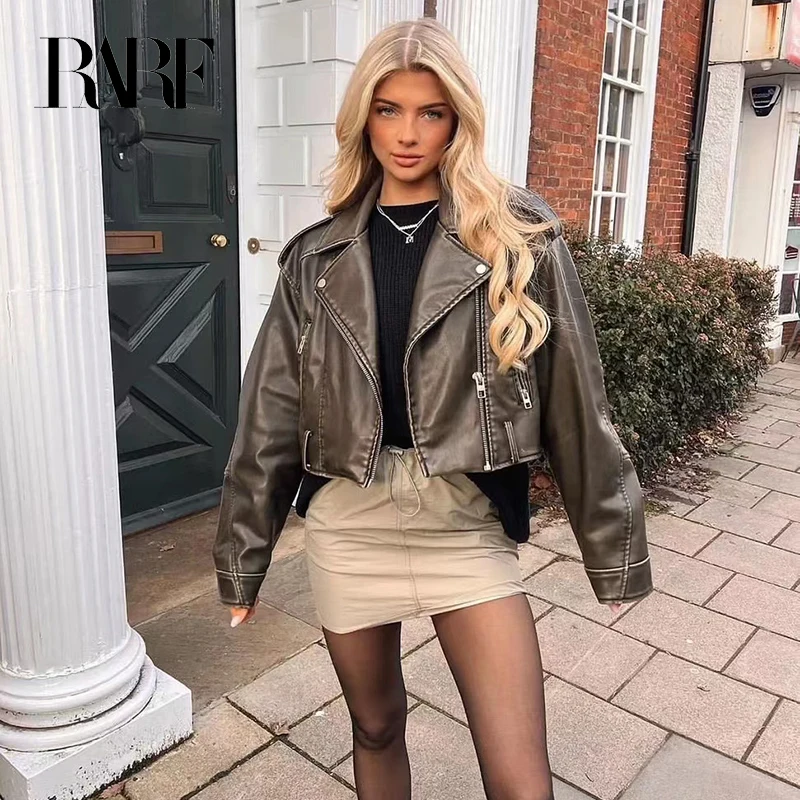 29033-2d9fff.jpg Chaqueta de cuero lavado con cinturón para mujer, abrigo corto con cremallera degradada y cuello vuelto Vintage, chaqueta elegan - Image 1