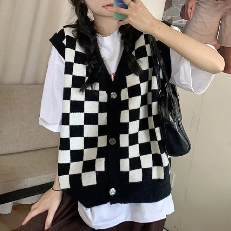 

Deeptown Korean Style Checkerboard Knitted Sweater Vest Women V-neck Oversized Plaid Preppy Fashion Sleeveless Knitwear Jacket