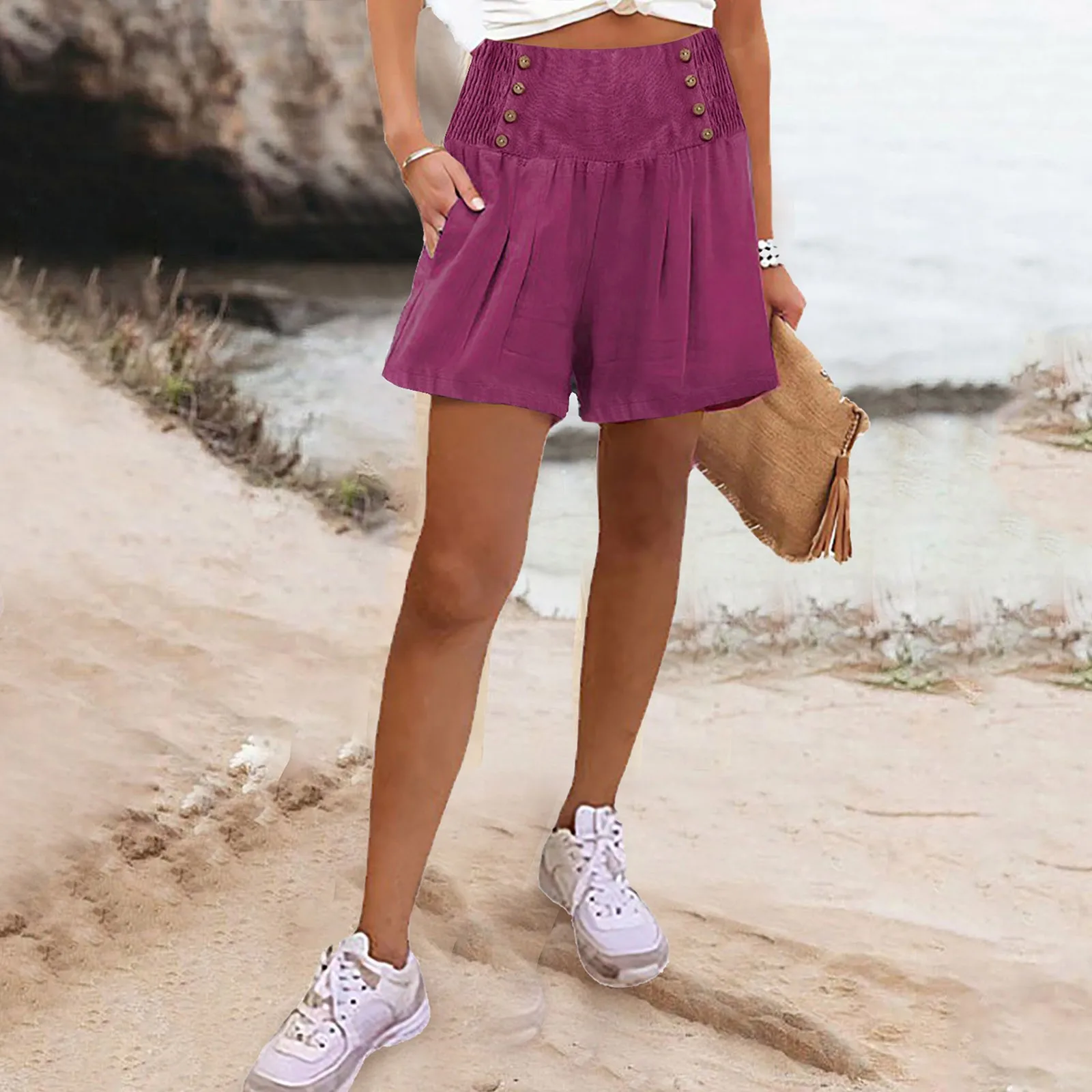 

2024 Elastic High Waisted Wide Leg Shorts Pants Casual Summer Solid Color Palazzo Trousers With Pockets Cut up Shorts for Women