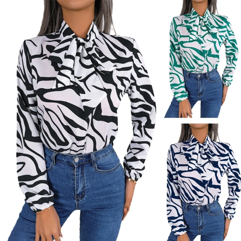 

Striped Blouses Long Sleeve Top Vintage Lace Up Shirt for Office Lady