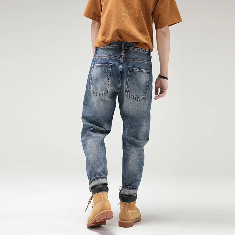 

Heavy Washed Blue Jeans Men High Quality Patch Design Hole Ripped Casual Straight Safari Style Ankle-length Denim Pant