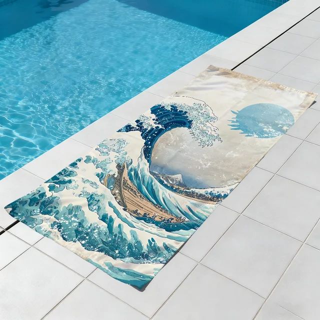 Beige Cartoon W-wave-e art Towel Large Quick-Drying Microfiber soft Beach Towel for Travel Fitness Sauna Bathing Camping 4