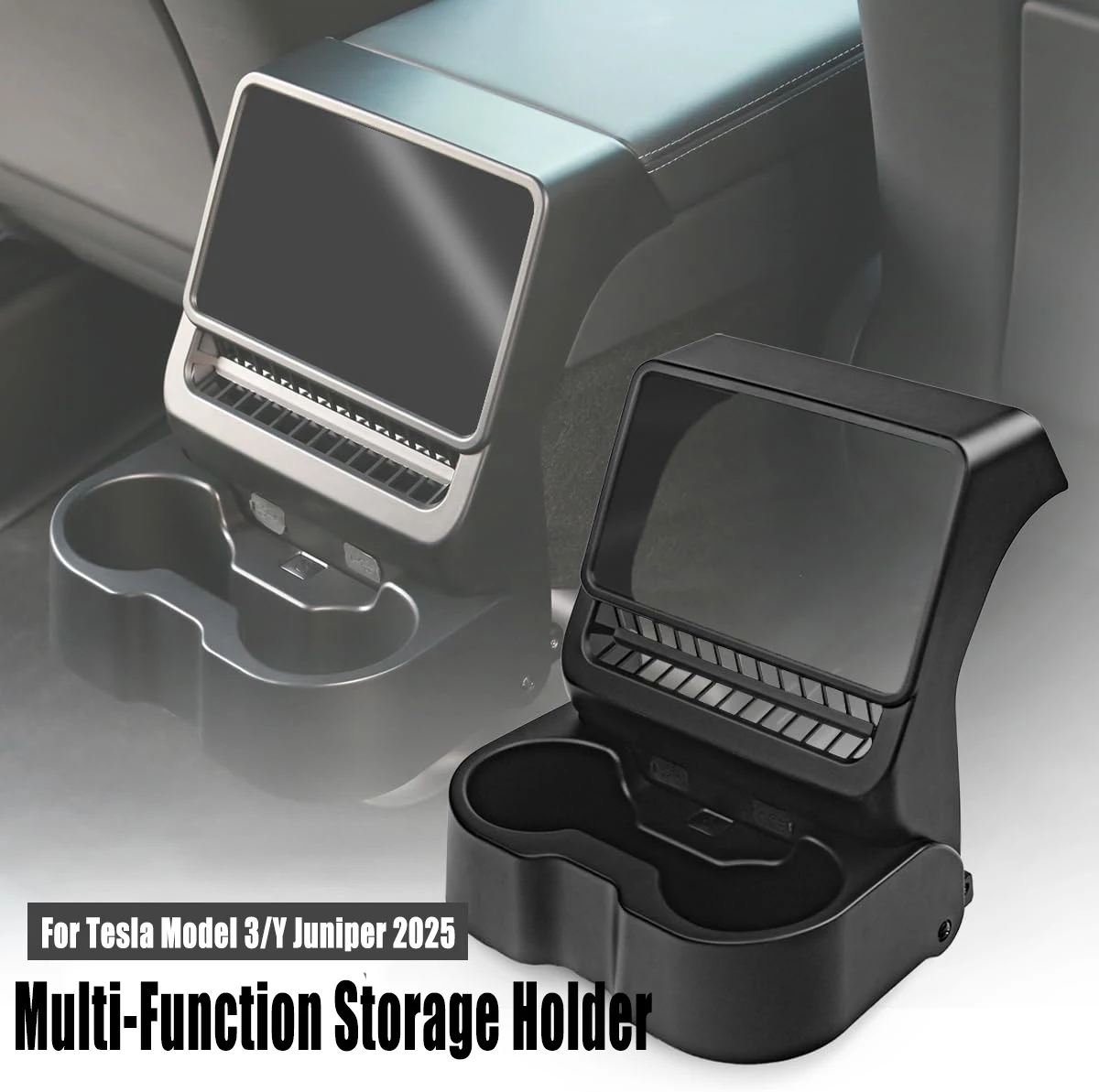 For Tesla Model 3/Y Juniper 2025 Storage Box Rear Air Outlet Armrest Box Cup Holder Multi-Function Storage Holder Accessories