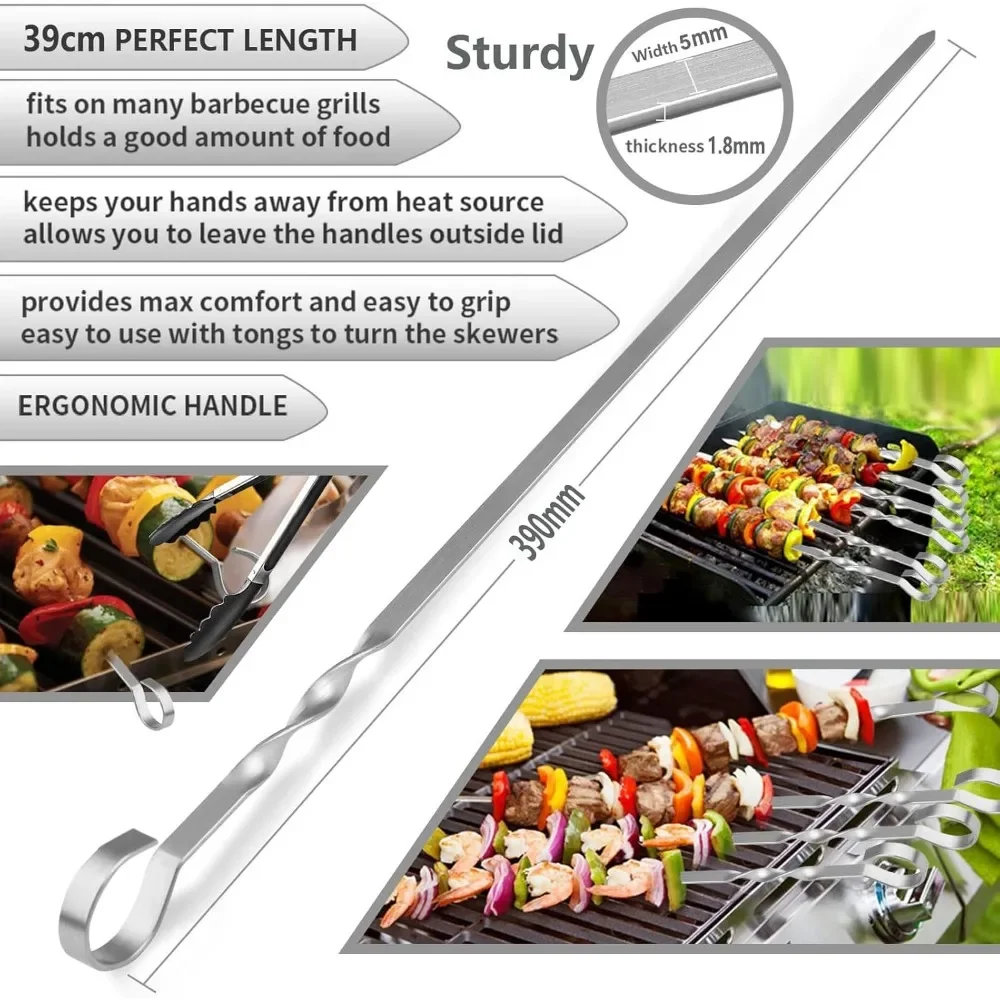 12 Piece Set of Nylon Bags for Barbecue Skewers, 39cm Long Steel Skewers for Meat Skewers, Used Bonfires or Barbecues