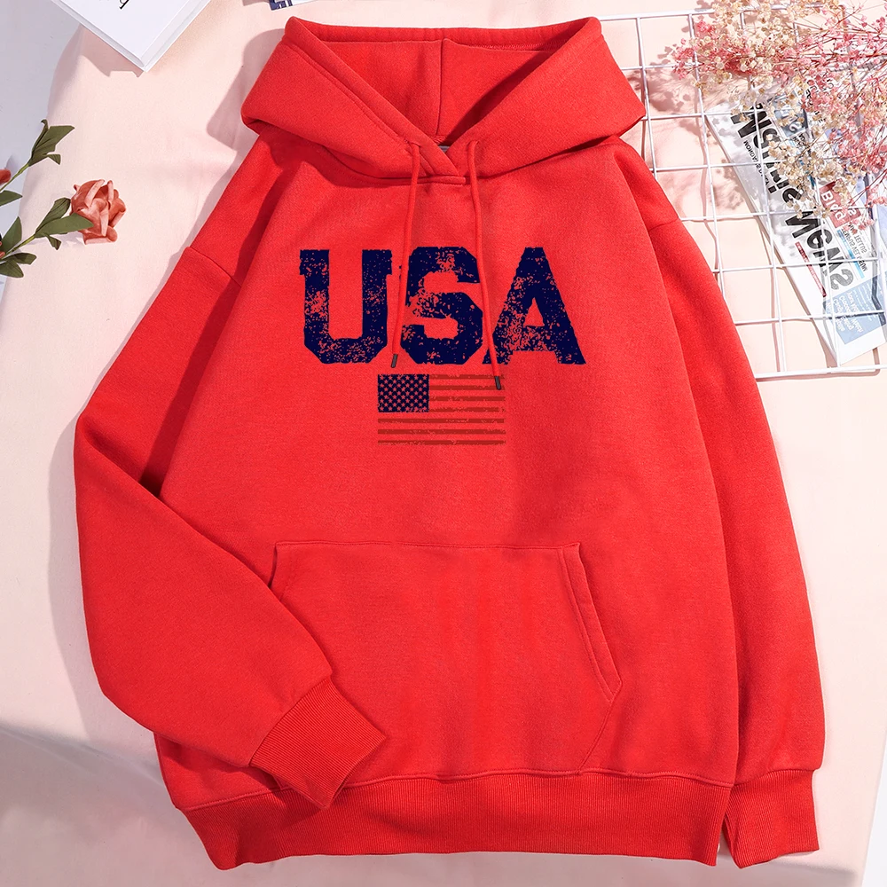 Usa Letters American Flag Stars And Stripes Hoodie Men Women Fleece Hoody Fleece Oversize Sweatshirt Autumn Pocket Clothes