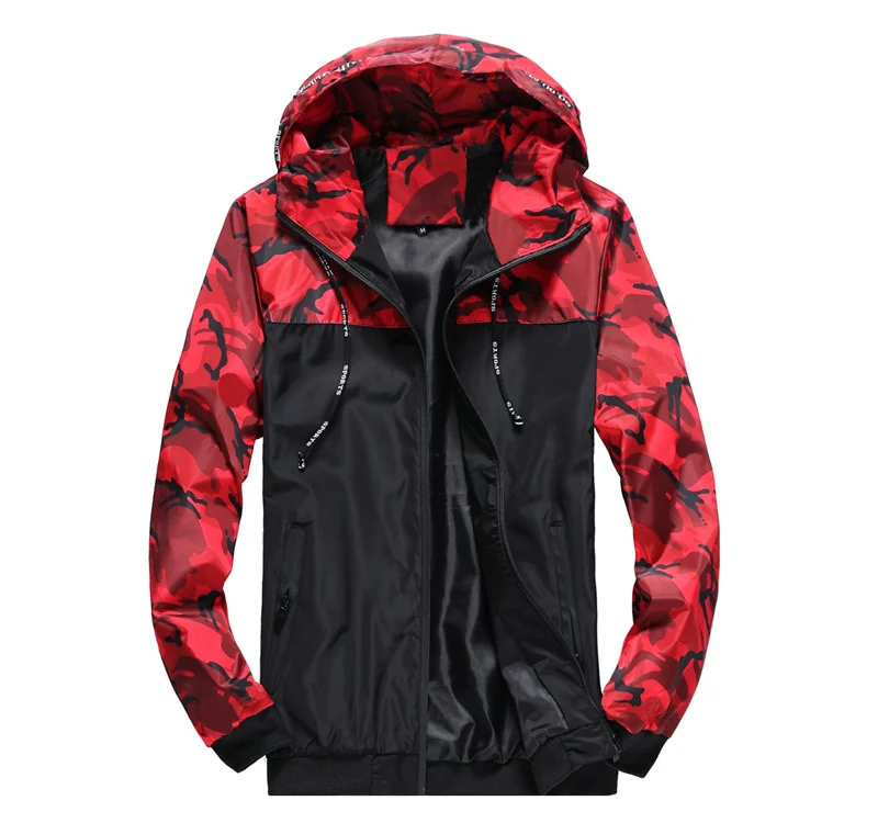 Camouflage men's jacket, work clothes, hood, color matching new youthful shrimp skin_mkmklike.com
