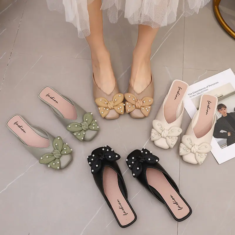 Bowknot Slippers Ladies New Summer Fashion Outer Wear Low-heeled Comfortable Square-toe Sandals Women's Shoes