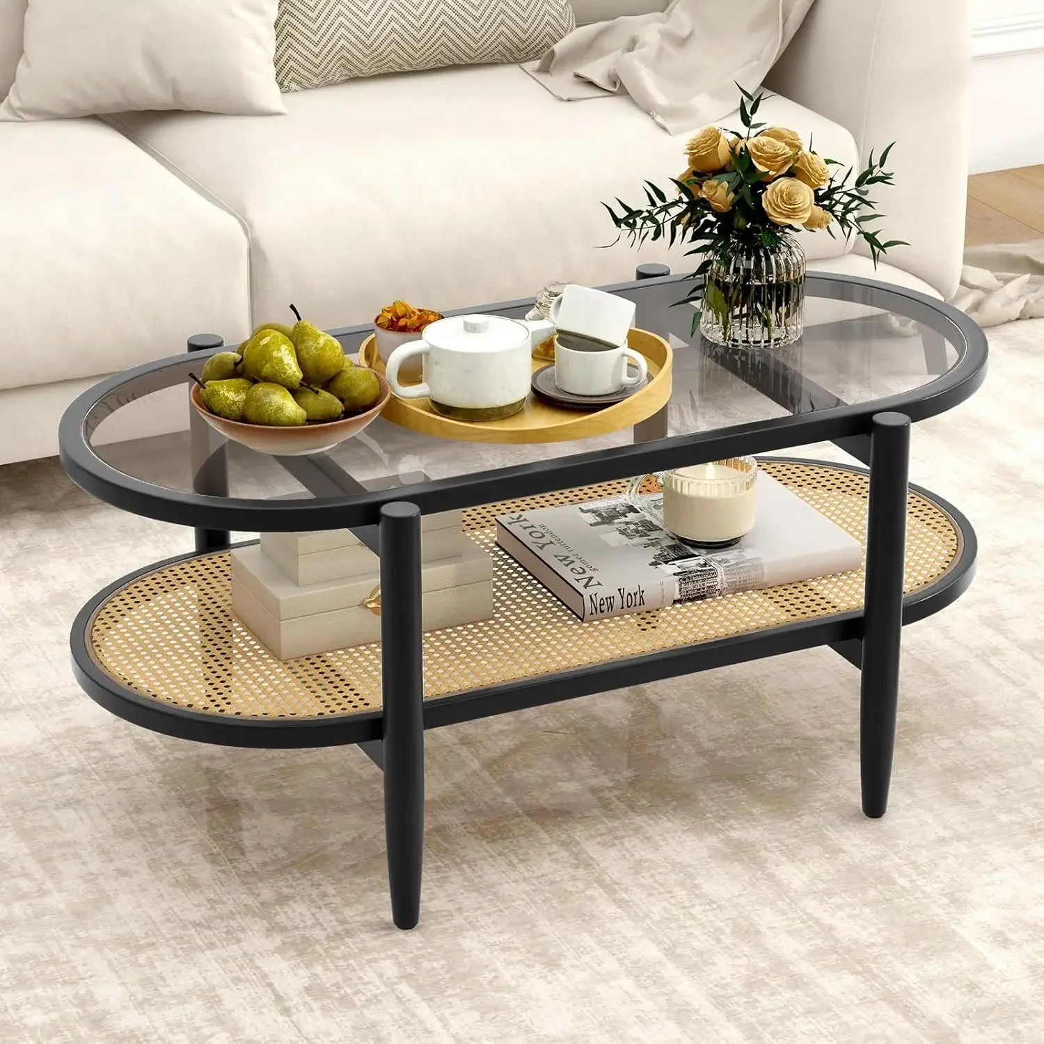Rattan Coffee Table, 2-Tier Oval Acacia Wood Tea Table w/Tempered Glass Tabletop & PE Rattan Storage Shelf, Boho Cocktail Tables 2