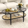 Rattan Coffee Table, 2-Tier Oval Acacia Wood Tea Table w/Tempered Glass Tabletop & PE Rattan Storage Shelf, Boho Cocktail Tables 2