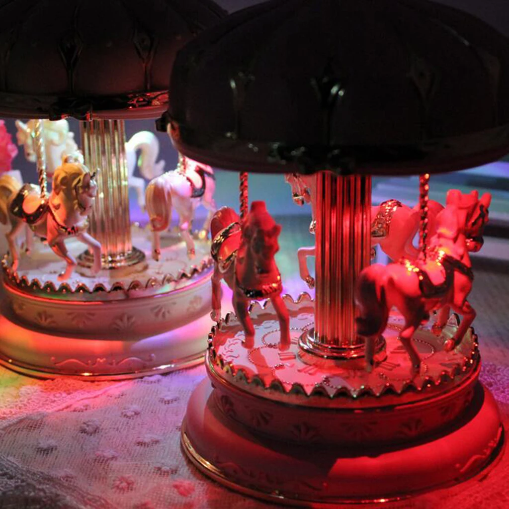 Boîte à Musique Carrousel En Bois 16 X 10 Cm - Décoration Enfant, Cadeau D'anniversaire Ou Noël - Rotation Et Musique Douce