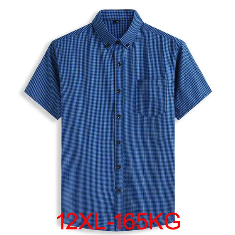 

Plus Large Short Sleeve Men Pure Cotton Summer Comforable Plaid Mens Shirts Business Formal Casual Slim Fit Loose 12XL 11XL 54