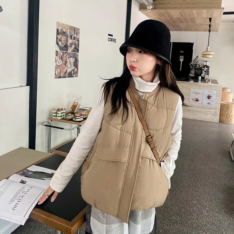 Autumn Winter Women Vest Sleeveless Puffer Jacket Thick Warm Coat Stand Collar Zipper Solid Windproof Tops Casual Loose