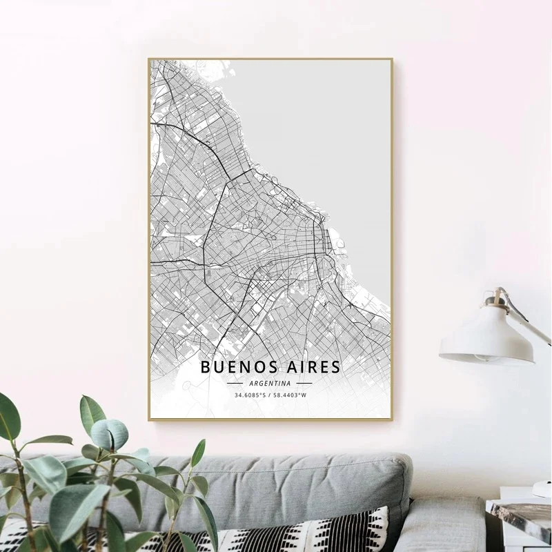 Черно-белая карта города Буэнос-Айрес Настенная картина холст живопись постер