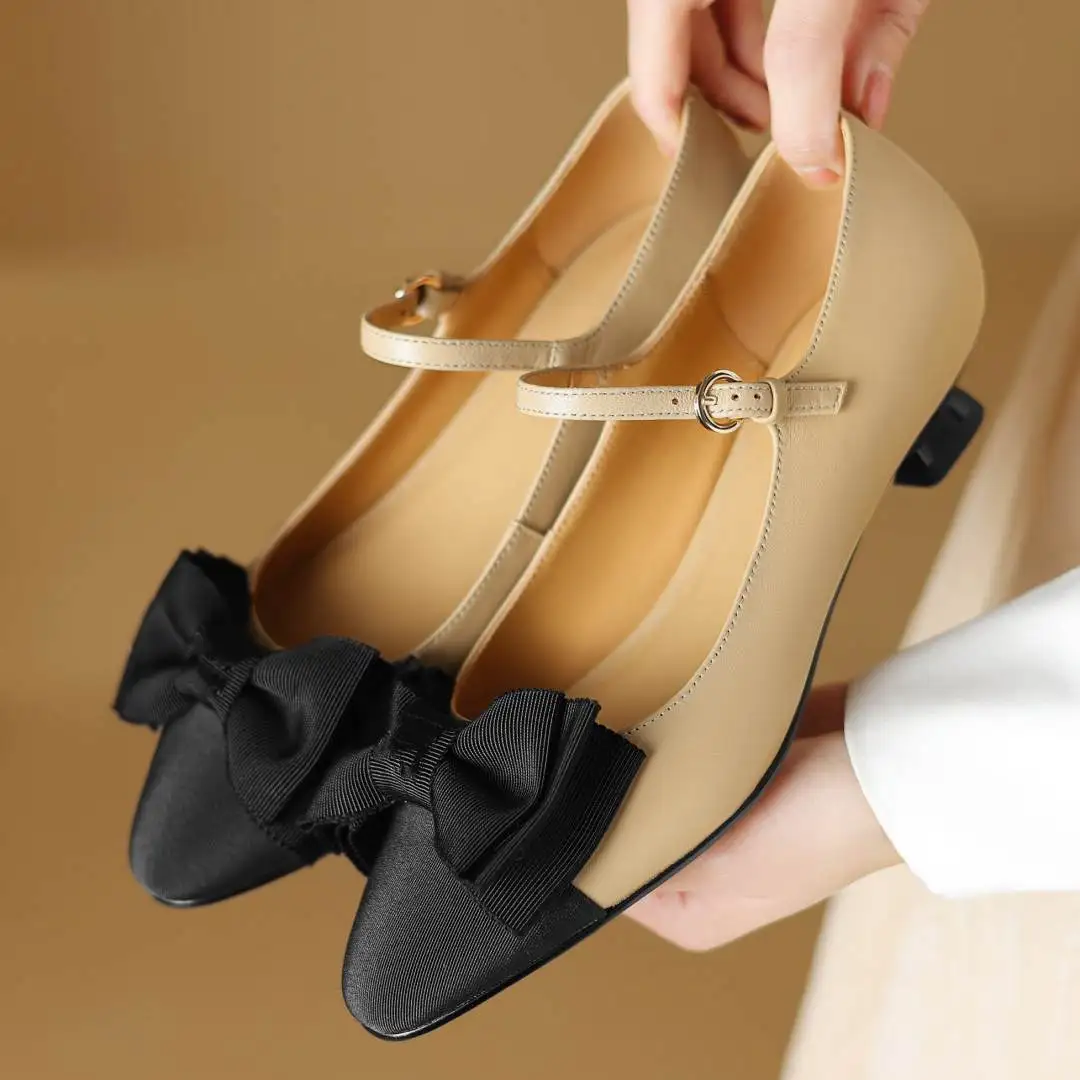 

Women's genuine leather kitten heel black top sweet bowtie pumps elegant ladies slim daily dress low heeled shoes for woman sale