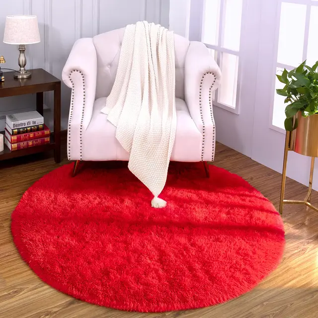 Tapis rouge rond pour chambre d'enfant, tapis en peluche ultra doux, salon moderne, tapis circulaire moelleux, décoration de noël pour chambre d'adolescent 1