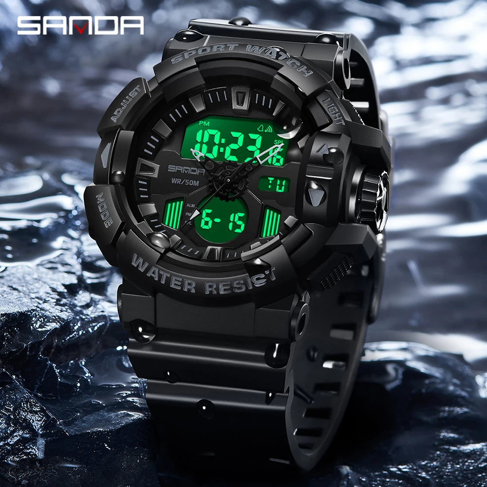 SANDA 2024 New Men's Watches Dual Display Watch 50M Waterproof Sports Military Quartz Wristwatch Clock Relogio Masculino 3129