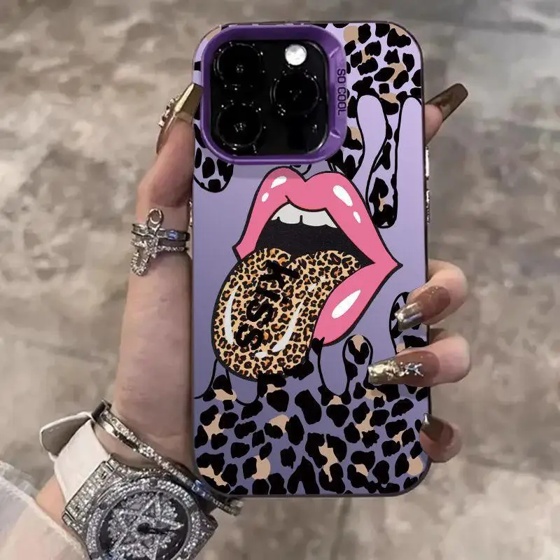 Hot Red Lip Leopard Print Matte Phone Case - Stylish Back Cover with Bold Design