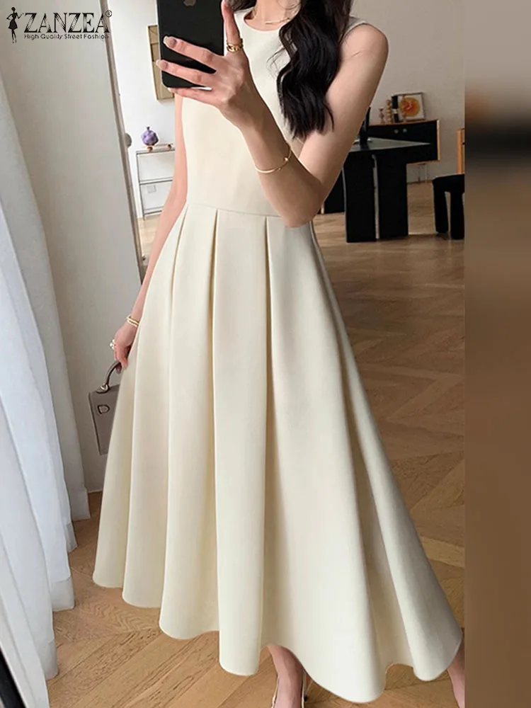 

ZANZEA Korean Fashion A-line Tank Sundress Women Sleeveless Pleated Dress 2024 Summer Swing Maxi Vestido Vintage Party Long Robe