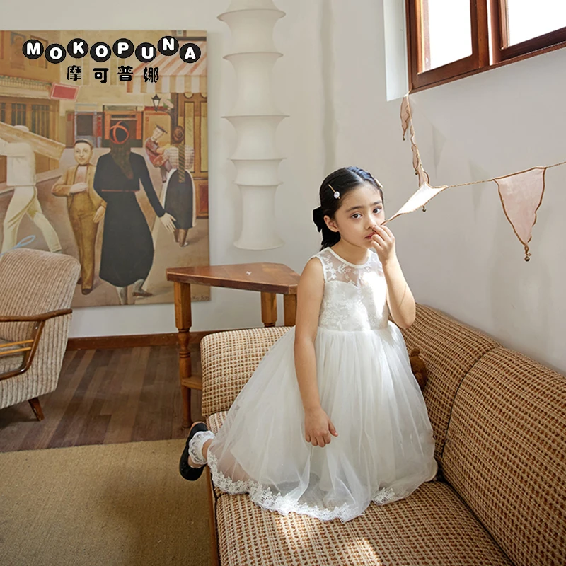 

MOKOPUNA Children's Dresses Girls Dress White Mesh Sleeveless Princess Dress Holiday Wedding Party Dress Vestidos QW062