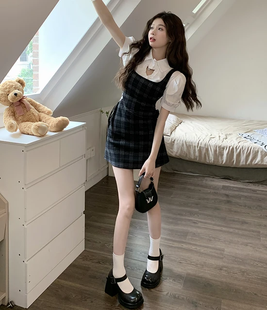 Women's Loose Dresses Japanese Harajuku Ulzzang Punk Casual Plaid Strap Dress  Female Korean Kawaii Cute Clothing For Women - Dresses - AliExpress