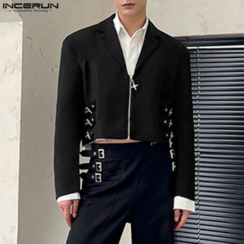 

INCERUN Men Blazer Solid Color Lapel Long Sleeve Zipper Streetwear Male Casual Suits 2023 Autumn Fashion Thin Crop Coats S-5XL