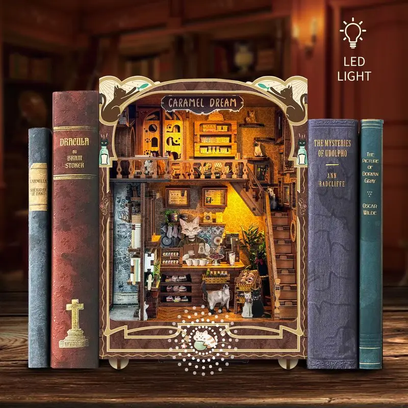 New Wooden Diy Handmade Bookend Book Nook Insert Shelf Caramel Dream Miniature Model Kits With Furniture Bookshelf New Year Gift 3