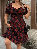 Plus Size Floral VNeck Dress Short Sleeve A-Line Midi Effortlessly Elegant for Day to Night Daily Wear - Image 3