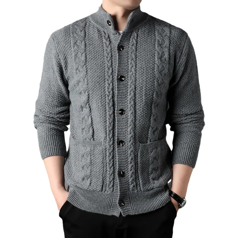 Mens Stand Collar Cardigan Sweaters 2023 Green Button Down Cable Knited Sweater Autumn Winter Fashion Solid Outwear with Pockets 5