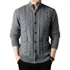 Mens Stand Collar Cardigan Sweaters 2023 Green Button Down Cable Knited Sweater Autumn Winter Fashion Solid Outwear with Pockets 5