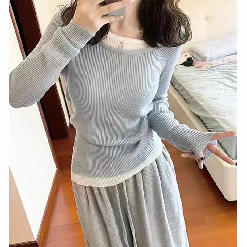 

Autumn Winter Sweater Women's O-neck fake two pieces Pullover Women's Trumpet Sleeve Top Solid Color Knitwear Trending Sweaters