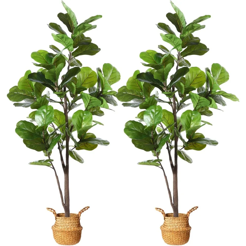 

Artificial Fiddle Leaf Fig Tree 65" Fake Potted Ficus Lyrata Plant With Handmade Seagrass Basket Artificial Plants Decoration