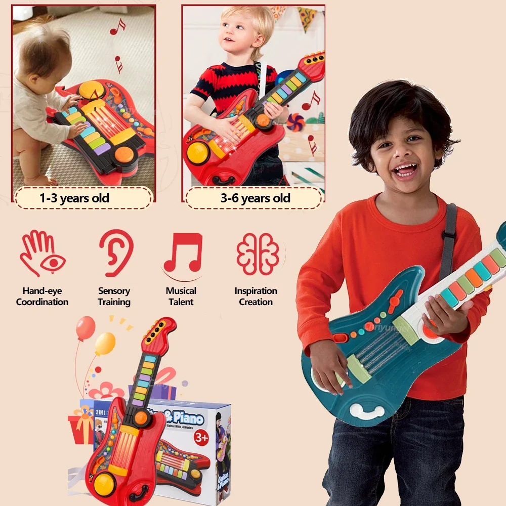 Kids Guitar 3 in 1 Folding Musical Instrument Toddler Electronic Guitar Piano Drum Educational Toys Birthday Gift for Girl Boy 2