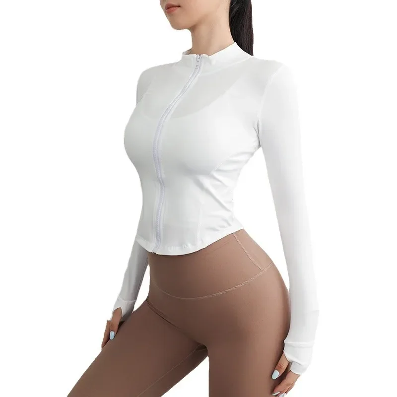 Women's Sports Jacket Stand Collar Quick Dry Slimming Yoga Top Long Sleeve Fitness Running Shirt Tight White Gym Clothing