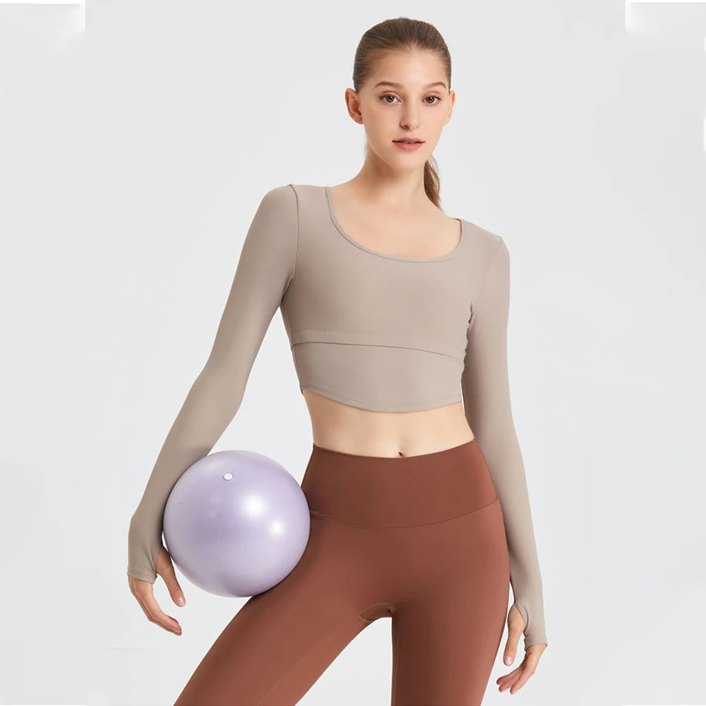 Women'S Yoga Sport Top Gym Female Training Long Sleeve With Chest Cushion Ladies Nylon Workout Undercoat T-shirt