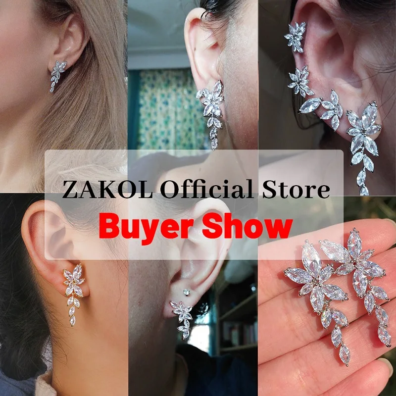 ZAKOL Fashion Leaf Zircon Wedding Earrings for Women White Gold Color Marquise Crystal for crystal earrings