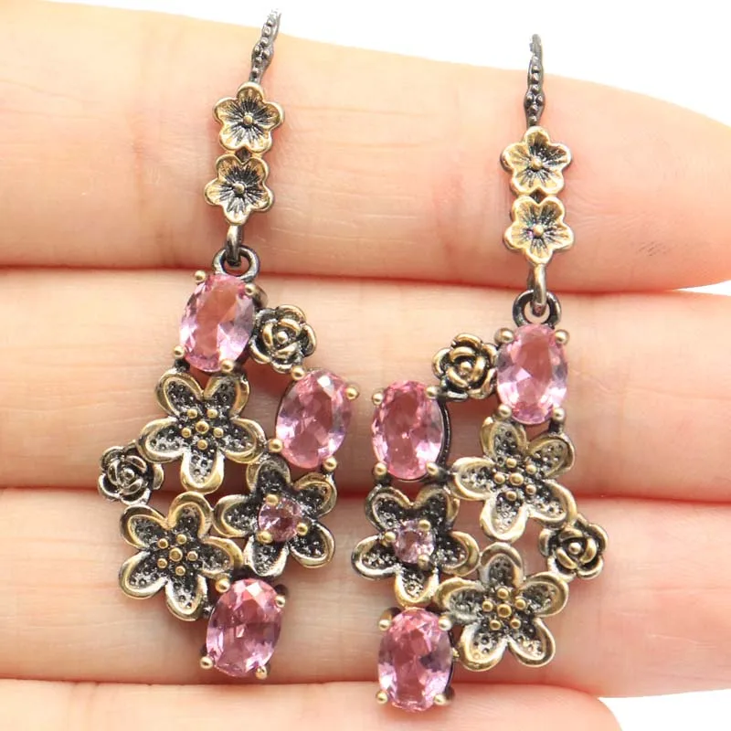 

44x19mm Pink Morganite Blue Aquamarine Green Emerald BLACK GOLD SILVER Earrings