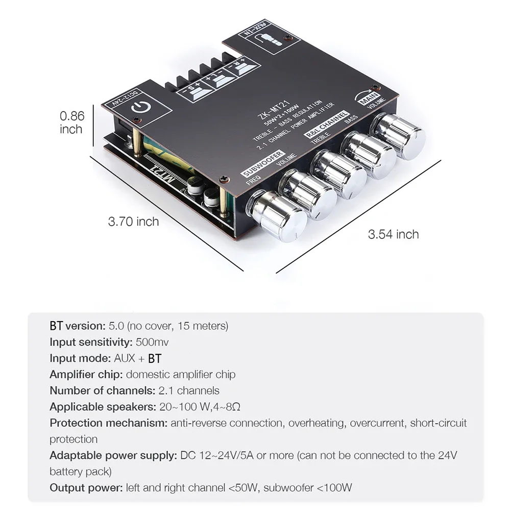 고음 및 저음 조절 기능이 있는 2.1 채널 블루투스 5.0 AMP 보드 50Wx2+100W 앰프 보드 DIY 스피커용 BT 3.5mm AUX