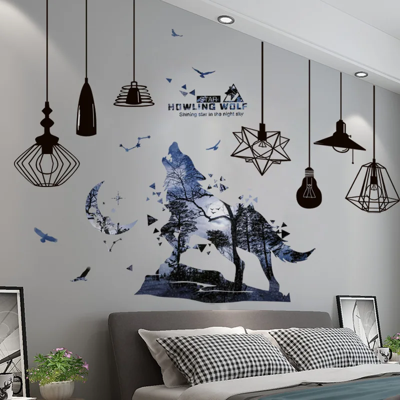 

Black Chandelier Lights Wall Stickers DIY Creative Wolf Animal Mural Decals for Living Room Kids Bedroom Nursery Home Decoration