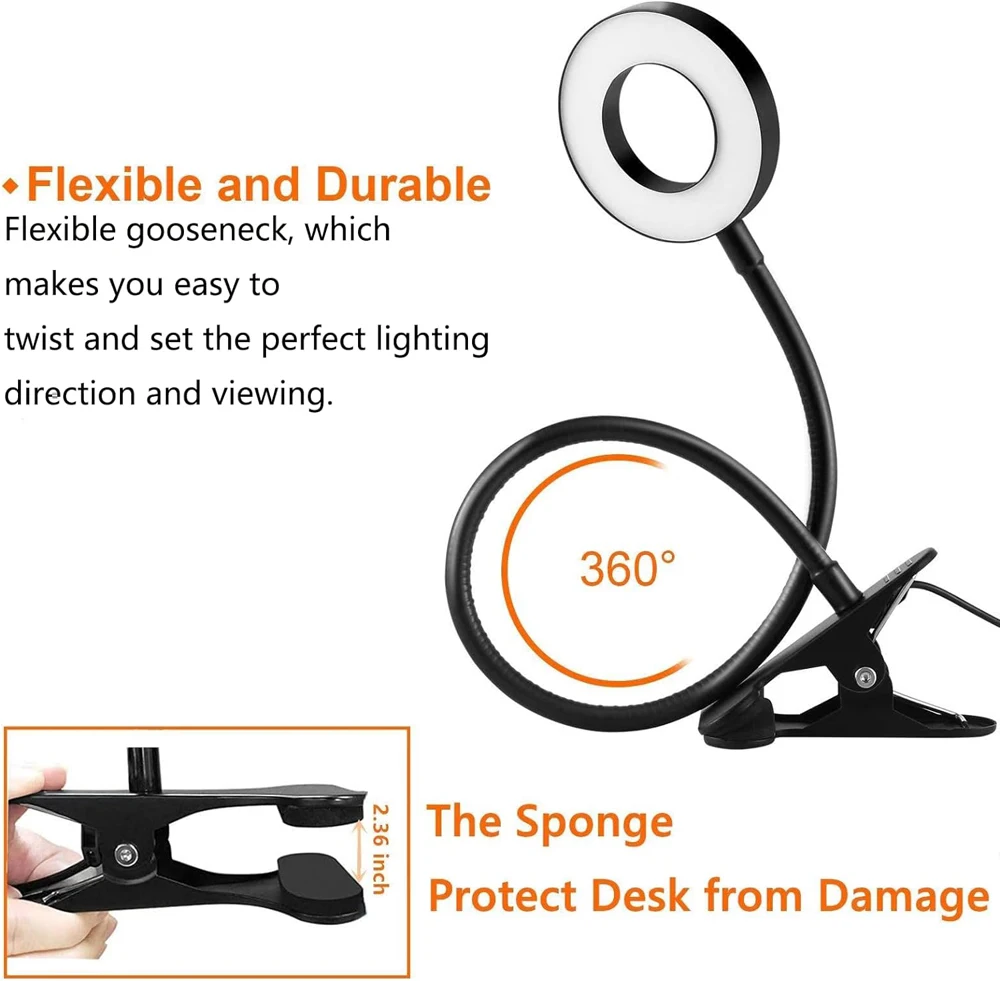 360° Flexible 48 LEDs Desk Lamp Clip USB Book Light Bedside Eye Protection Gooseneck Reading Light Brightness Adjustable 3 Level 6