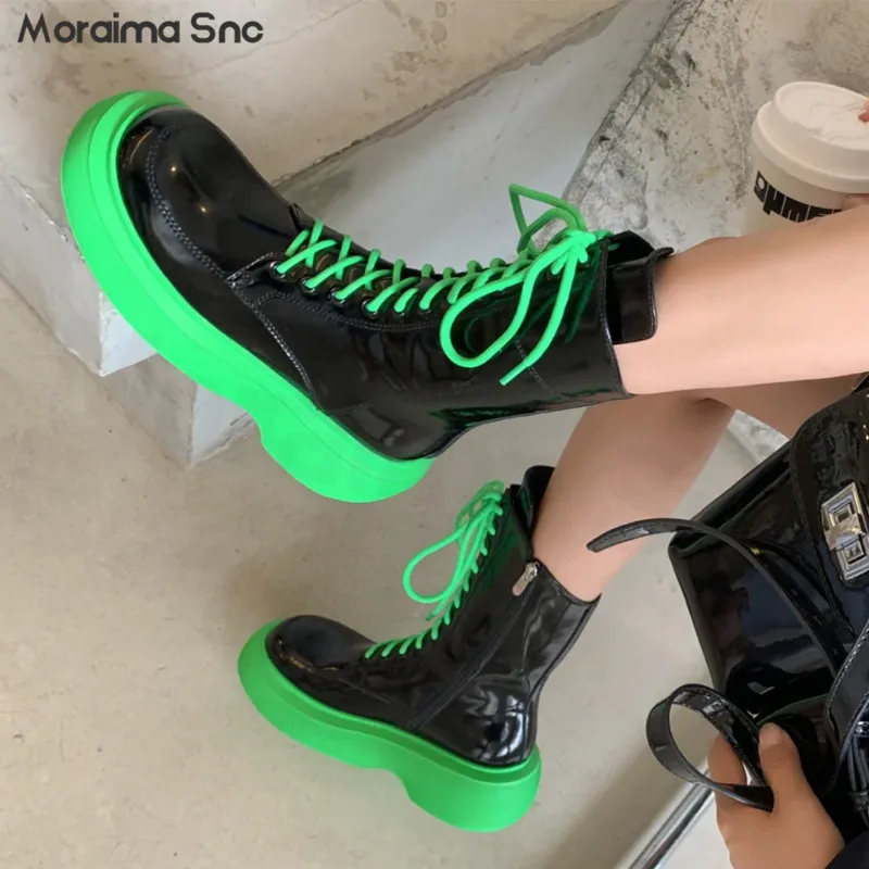 

Fashion Color Matching Lace-Up Mid-Tube Boots Patent Leather Large Size Knight Boots New Thick Soled Women's Ankle Boots