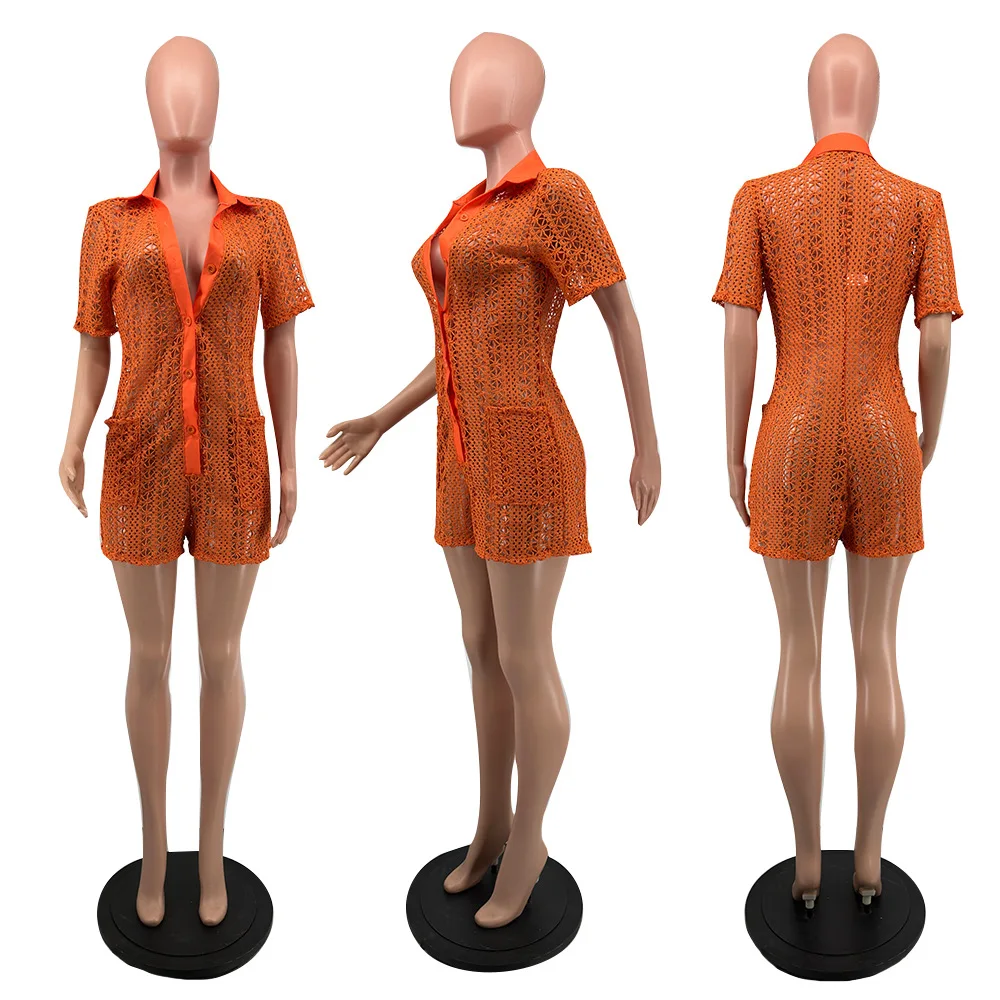 Ladies Summer Hollowed Out Jumpsuit Women Beach Cover Up Solid Color Sexy Hand Hook See Through Knitted Jumpsuit