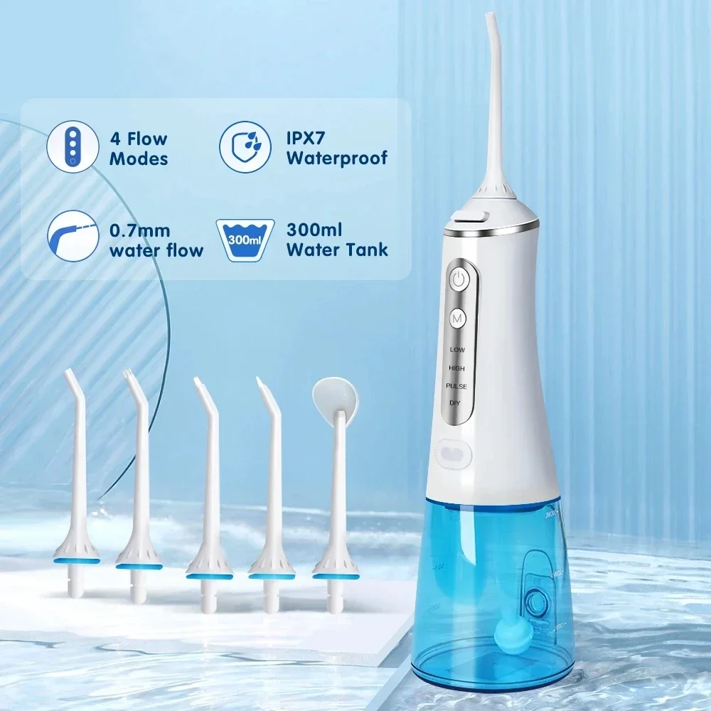 Irrigatore orale dentale denti d'acqua Pick bocca lavatrice 5 Nozzels 3 modalità USB ricaricabile 300ml serbatoio nuovo