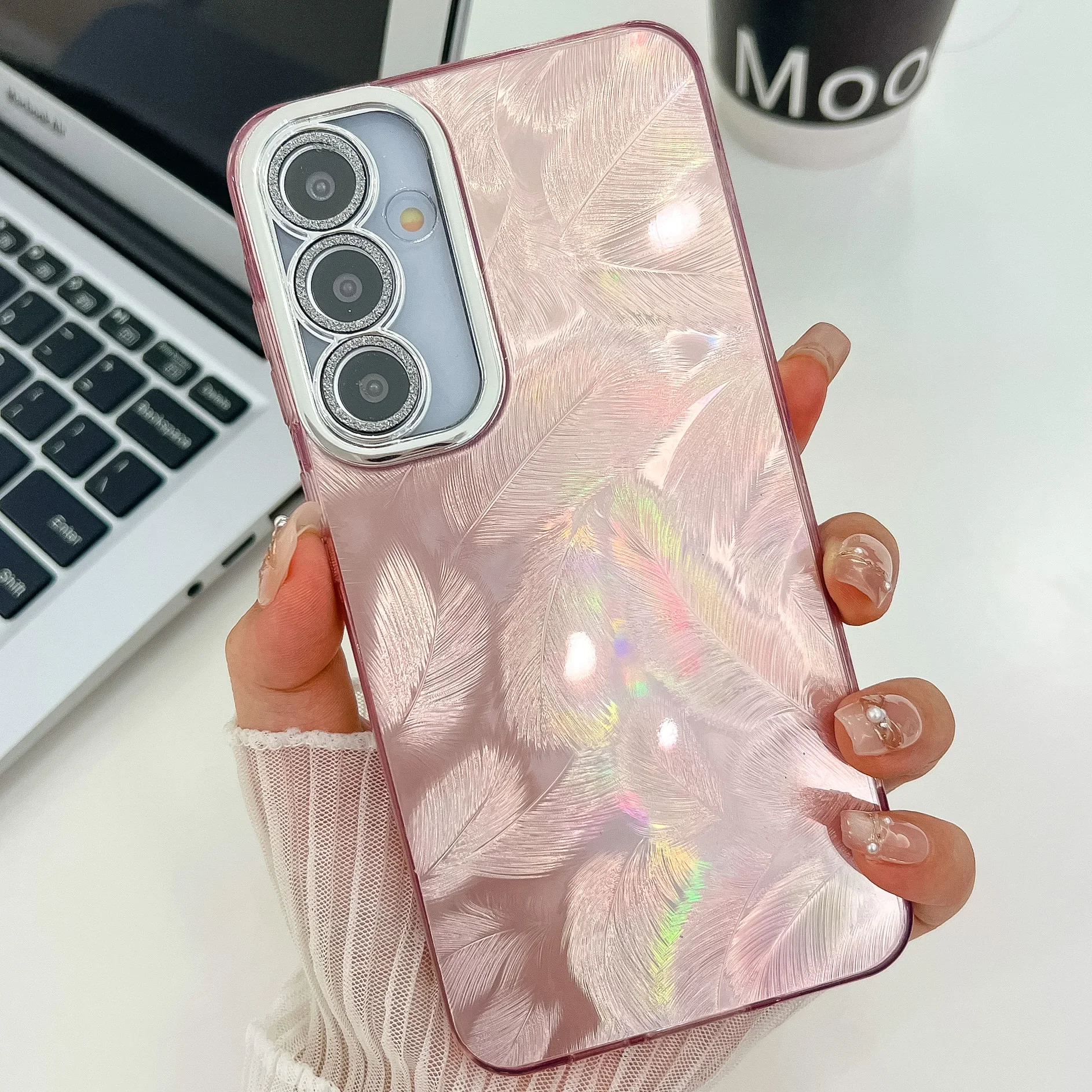 Luxury Laser Feather Gradient Rainbow Phone Case with Lens Film