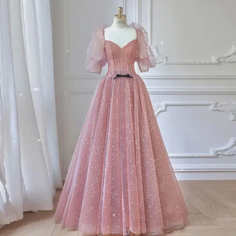

Gorgeous Pink Banquet Evening Dress Off Shoulder Deep V-Neck Tulle Fluffy Sleeves Bridesmaid Dresses Backless Zipp Formal Gown
