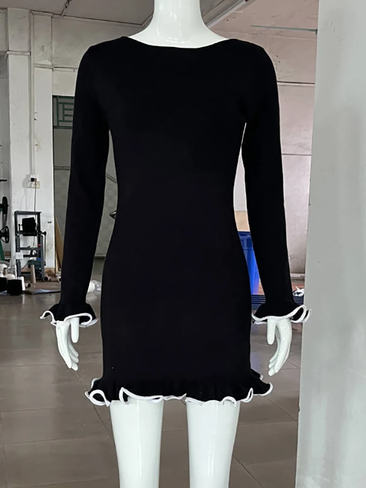 JULISSA MO Knitted Sexy Round Neck Ruffles Dress Women Black Long Sleeve Evening Dress Female Autumn Slim Elegant Party Clubwear