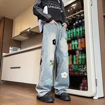 Y2K Vintage Flower Embroidered Jeans For Men High Street Baggy Straight Wide Leg Denim Pants Autumn Design Hip Hop Fashion Jean 1
