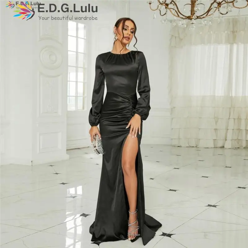 

EDGLuLu Autumn O Neck Lantern Sleeves Black Dresses Women Elegant Waist Pleated High Slit Party Satin Long Evening Dress 0121