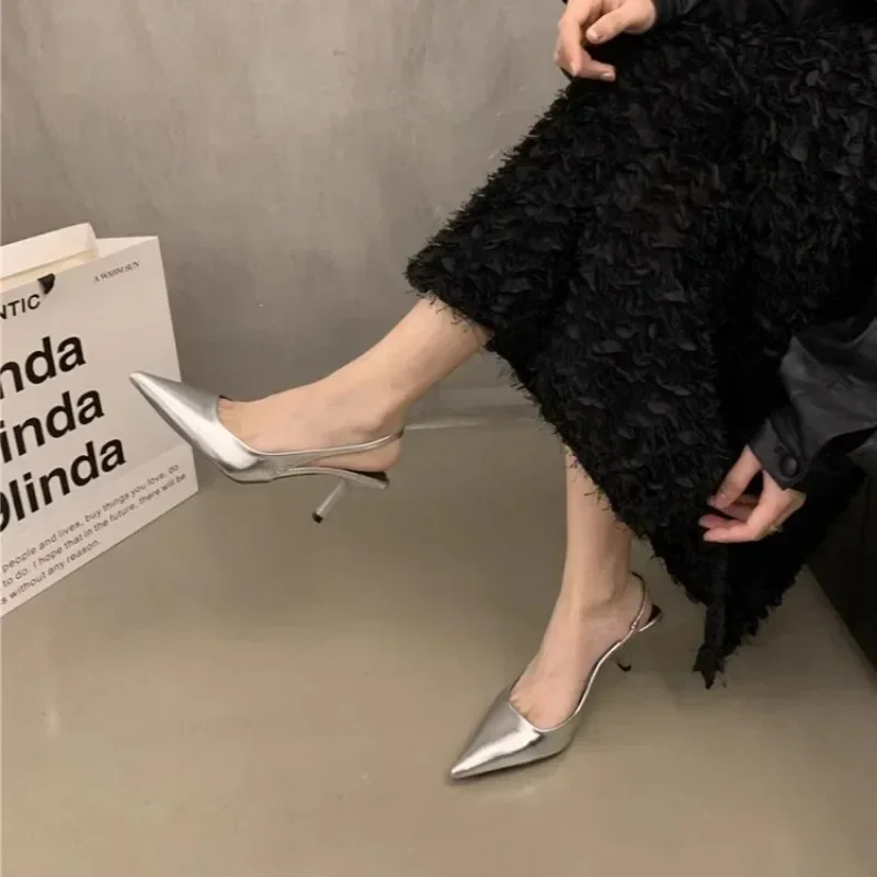 2025 Summer Silver Heels Pointed Toe Women Pumps Fashion Slip on Slingbacks Shoes Ladies Sexy Heel Party Dress Sandalias 4